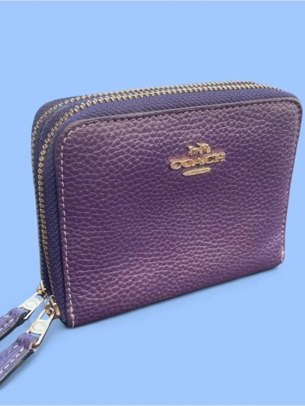 Coach Purple Pebbled Leather Double Zip Wallet with Gold Hardware